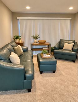 Green Leather Sofa, Chair, and Ottoman Set