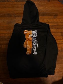 Black Hoodie Half Teddy Bear Half Robot Graphic