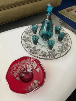 Vintage - 1930’s Sterling Silver Flanders Crystal: Sake Set, Serving Platter And Folded Vase