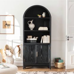 71" Solid Wood Arched Storage Cabinet | Freestanding Pantry with Doors | Vintage Bookcase for Kitchen, Living Room, Home Office | Natural Wood Veneers