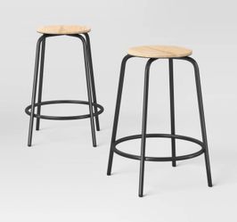 Set of 2 24" Wood and Metal Base Backless Counter Height Barstool Stool with Footrest Natural