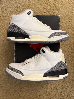 Size 9.5 (Used, damaged box, missing one insole, one heel is damaged) - Air Jordan 3 retro reimagined white cement
