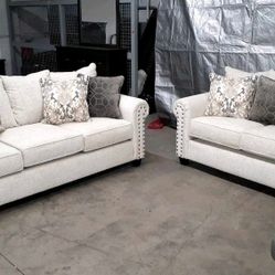 Beautiful 2 pc White  sofa love seat with nailheads (New)Also in a gray fabric too