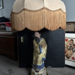 N. POTENLANE  Asian Porcelain Painted Table Lamp Bell Shade Gold Blue Beige