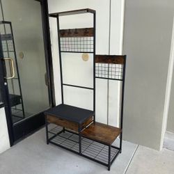 New In Box 40x16x71Inch Tall Metal And Wood Garment Stand Coat Clothes Shoe Rack Hanger With Shelf Organizer Rustic Brown 