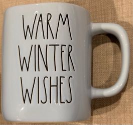Rae Dunn "WARM WINTER WISHES" blue Ceramic Mug 16 oz Artisan, Microwave Safe