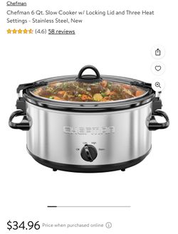 Chefman 6 Qt. Slow Cooker w/ Locking Lid and Three Heat Settings - Stainless Steel, New