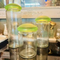 Mid Century Textured Clear Glass Jar With Green Plastic Mushroom Shaped Screw on Lid