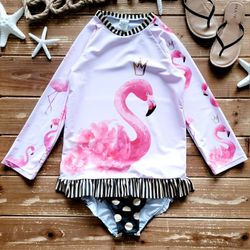 SIZE 10 GIRLS 2-PIECE SET SWIM WEAR FLAMINGO LONG-SLEEVE RASH GUARD & POLKA-DOT BIKINI BOTTOM **BRAND NEW W/OUT TAG**