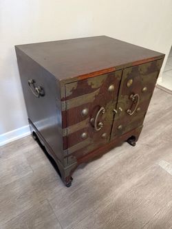 Vintage Korean  Wood Chest Cabinet. Ornate engraved Brass Hardware and metal handles