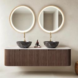 60” Floating Walnut Bathroom Vanity with Dual Black Dino Sinks, Wall-Mount