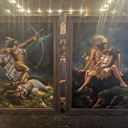  FRAMED VELVET PAINTINGS AZTEC MYTHOLOGY