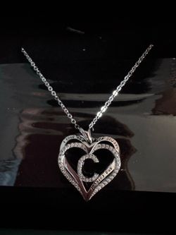 Silver Heart Pendant Necklace with CZ Stones “C”