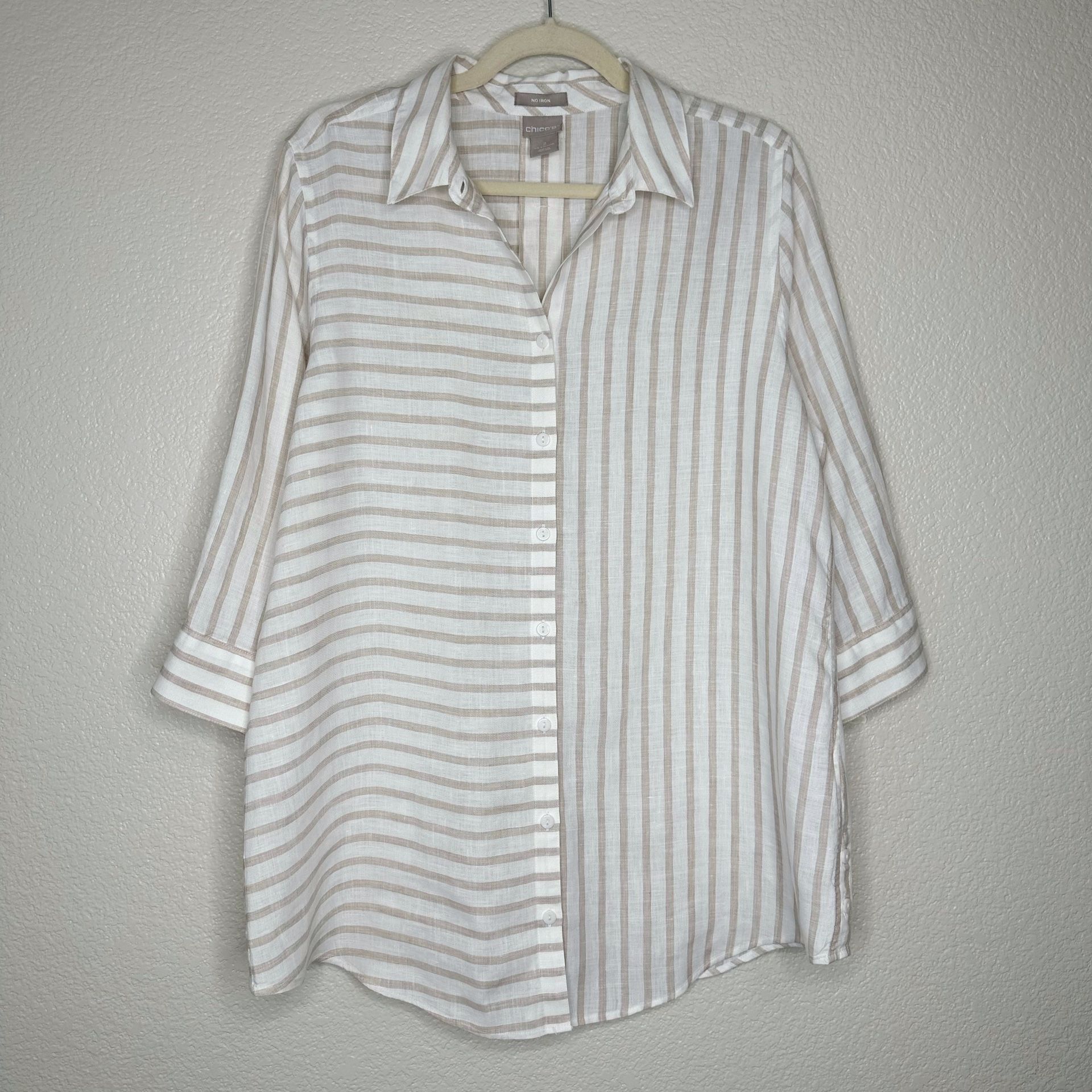 Chico’s 100% Linen No Iron Striped Button Down Tunic Top