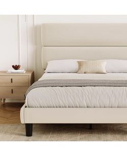 Queen Size Platform Bed Frame with Velvet Headboard, Adjustable Height Wooden Slats Support, Upholstered Mattress Foundation, Fits Mattress or Mattres