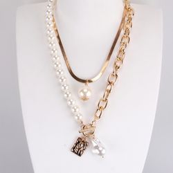 2pcs/set Coin Face Pearl Necklaces Gold Color