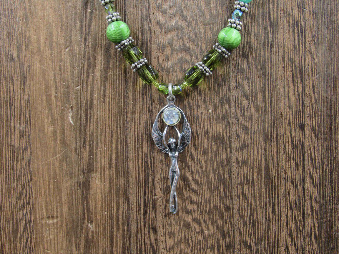20 Inch Sterling Silver Moonstone Peridot And Chrysoprase Angel Necklace