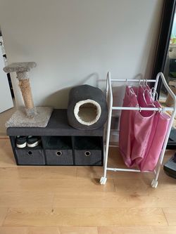 Free garage sale - laundry hamper, shoe bench, cat supplies