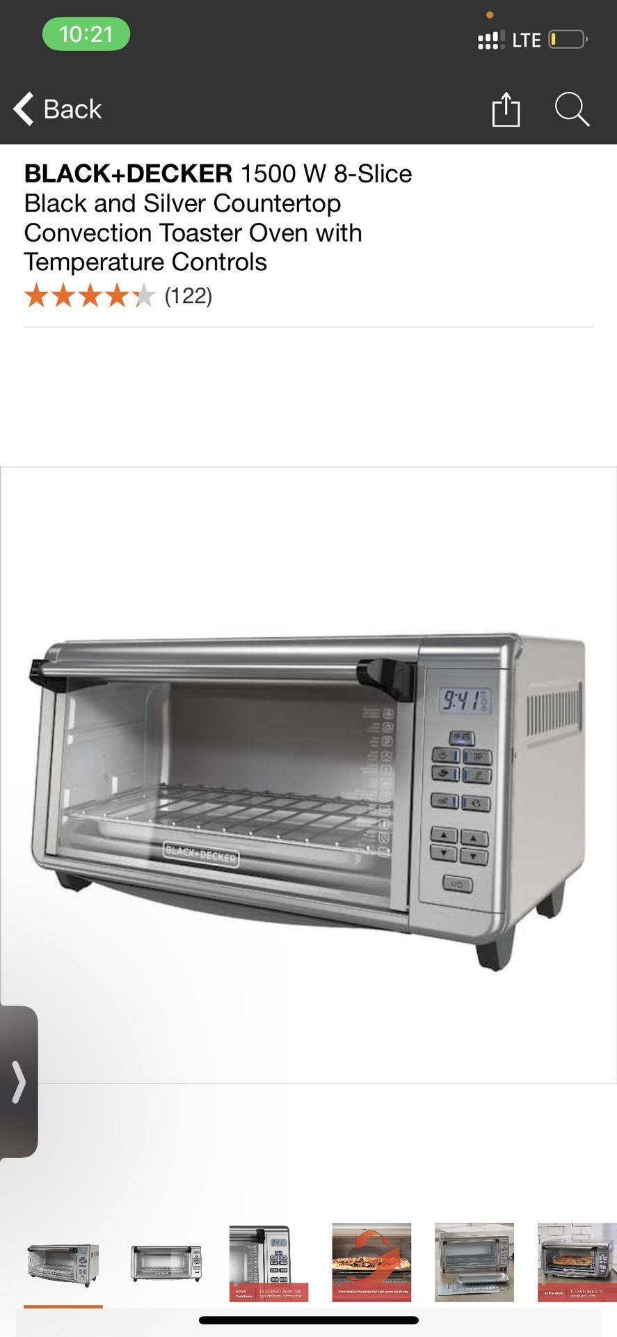 BLACK+DECKER 1500 W 8-Slice Black and Silver Countertop Convection Toaster Oven with Temperature Controls