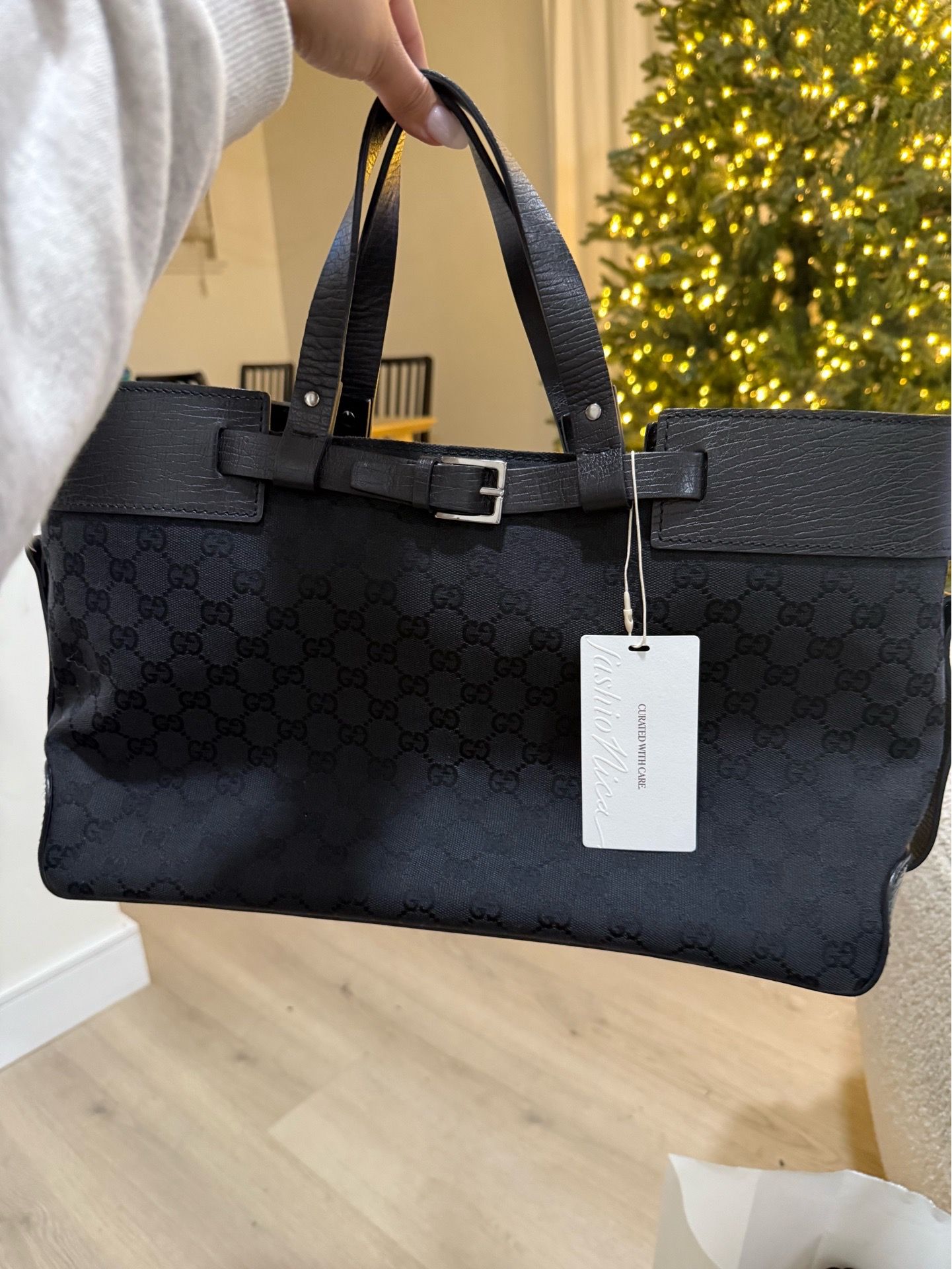 Gucci Black Monogram Canvas Tote Bag w/ Buckle (Authentic)