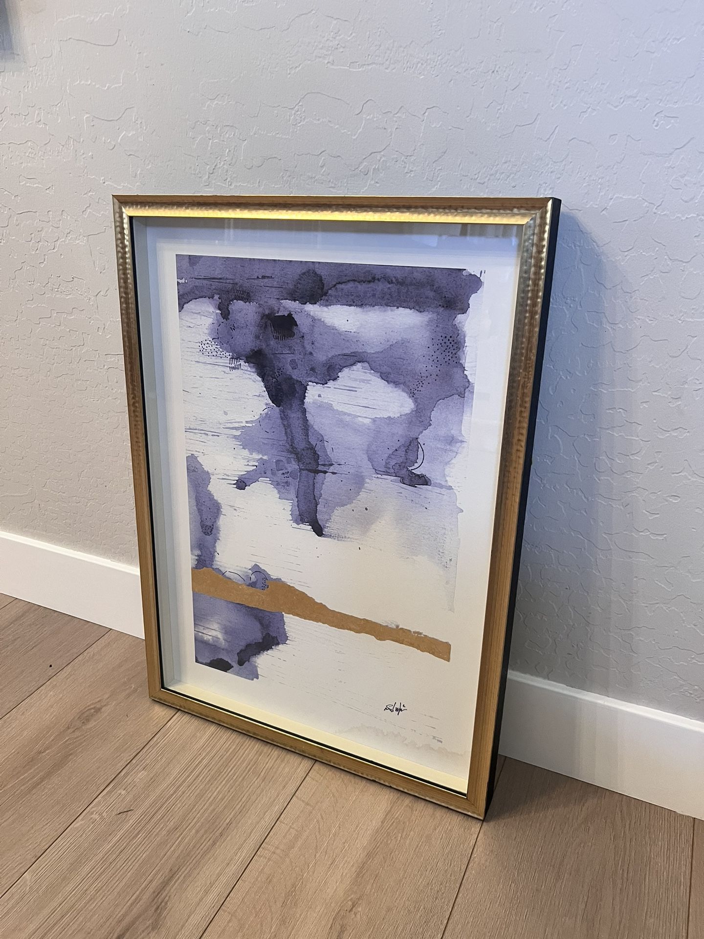 30x22 Glass Matte Gold/Black Framed Navy Blue/White/Gold Watercolor Artwork