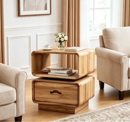 Solid Walnut Nightstand with 360° Swivel Open Storage (Natural) No Assembly Needed, Fully Handcrafted, 100% Solid Wood, 2 Drawer, Bedside Table