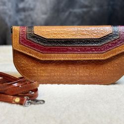 Tan Genuine Leather Crossbody Clutch Bag Multicolor Accent Flap with Strap