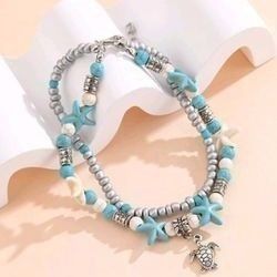 Tortoise Charm Beaded Layered Anklet