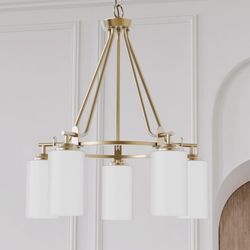 Brushed Gold 6‑Light Chandelier with White Glass Shades