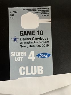 (1) Silver Lot 4 Parking Pass - Washington Redskins @ Dallas Cowboys Tailgating Allowed