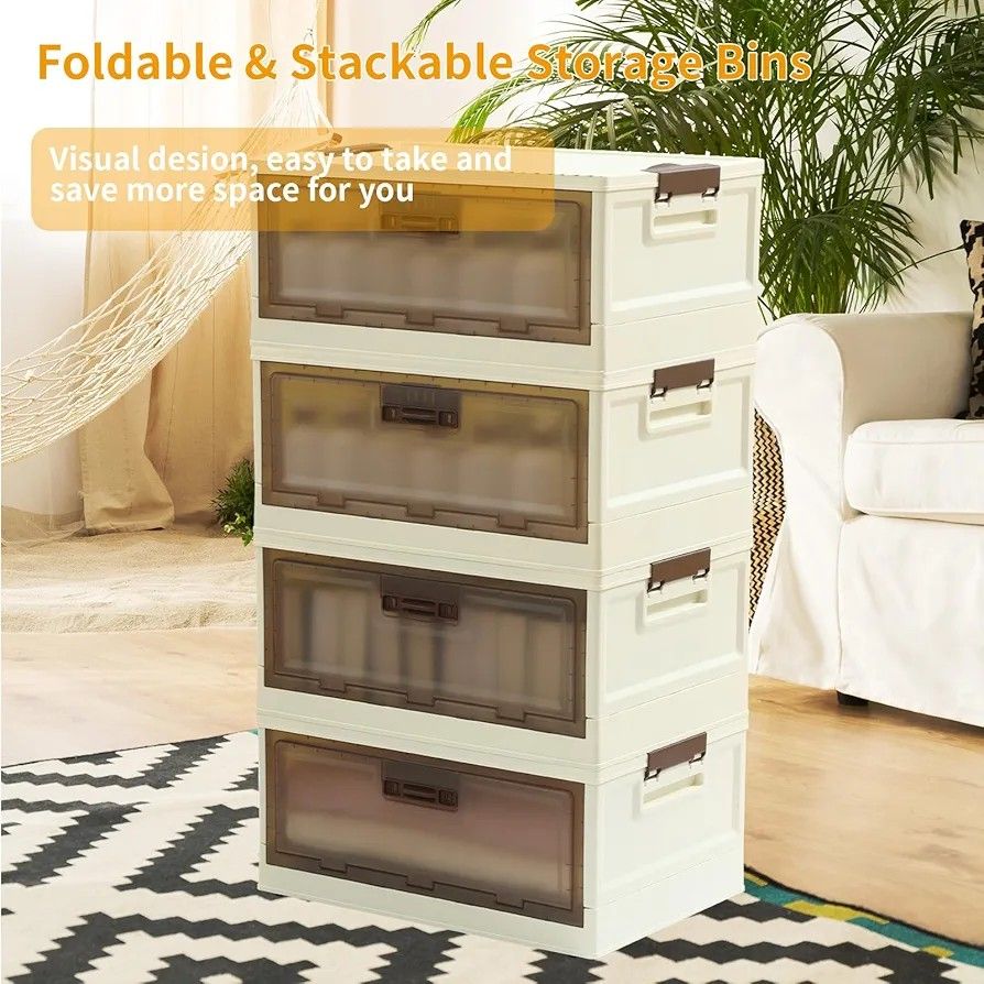 4 Pcs Collapsible Stackable storage bins with lids and Wheels,5.78 Gal Sturdy Plastic Foldable Box Trunk Bedroom organizers,13.77"×9.84"×9.84",sideway