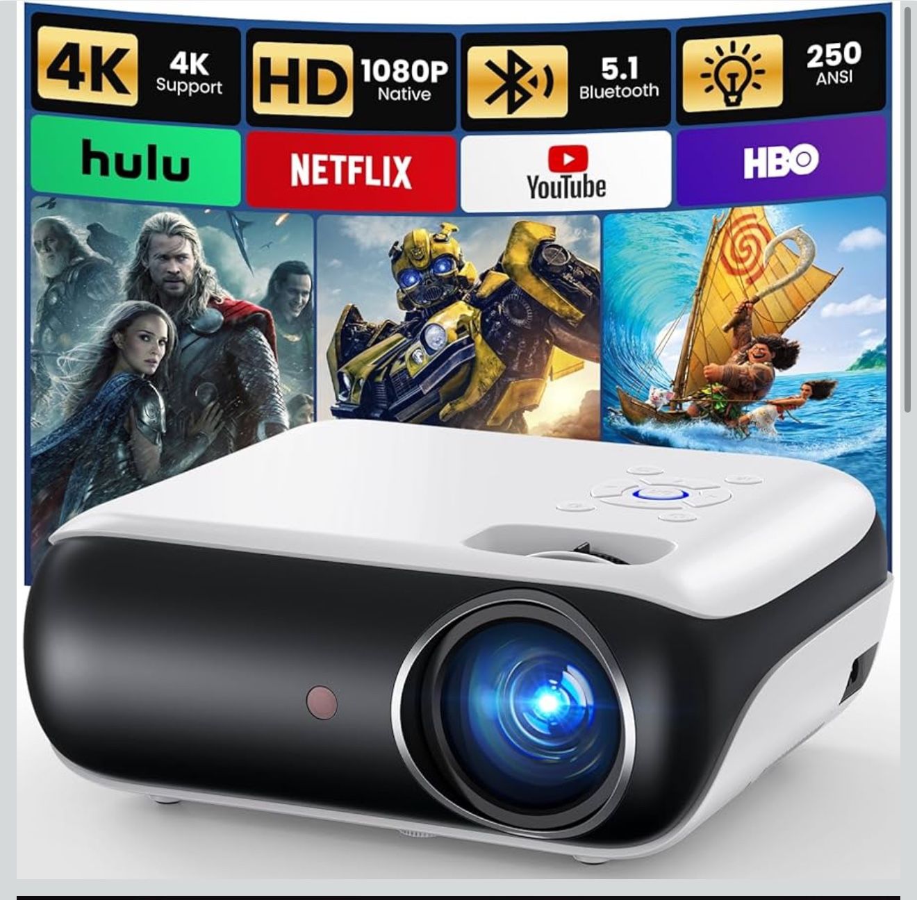 HAPPRUN Native 1080P Bluetooth Projector, Full HD Portable Outdoor Movie Projector with Built-in Speaker, Compatible with Smartphone, HDMI, USB, AV, F