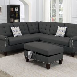 Dark Grey Sectional Sofa With Ottoman (Free Delivery)