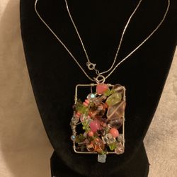 Beautiful Silver Necklace With Large Pendant With Authentic Precious Stones..multiple Color Stones
