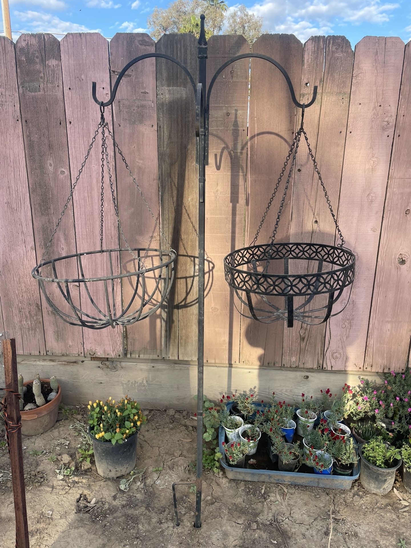Large Shepard Hook And Two Large Hanging Baskets