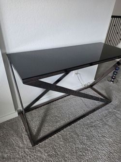 Modern Black Glass Desk with X-Frame Metal Base – Excellent Condition!