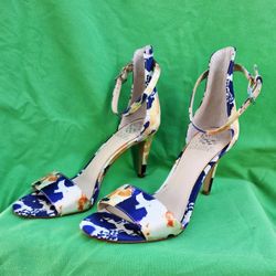 Vince Camuto Women Ankle Strap Heel 9 M Blue Orange VC Court Floral "