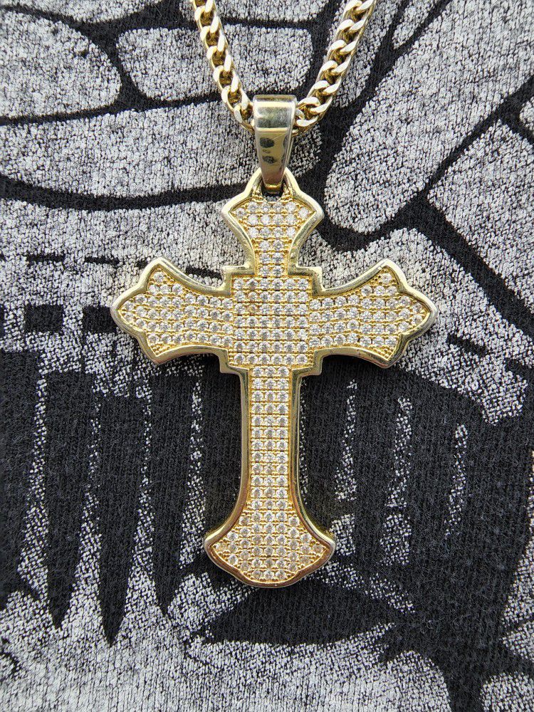 King Ice 14k Gold Plated Sterling Silver S925 2Pac Exodus 18:31 Gothic Cross Pendant Necklace
