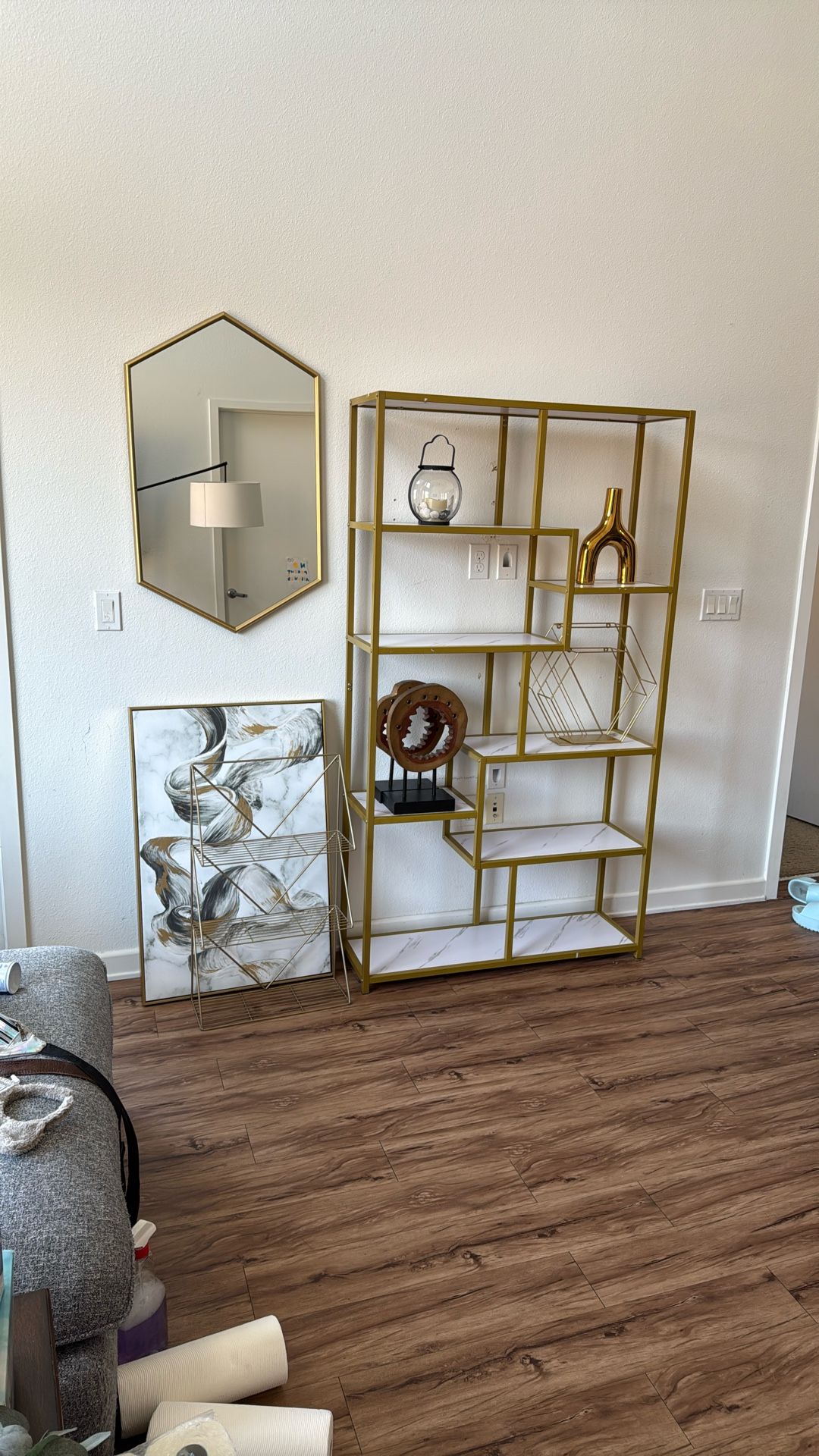 Modern Gold Bookshelf + Matching Decor (Marble Shelves + Mirror Optional)