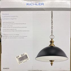 NEW Kichler Antique Brass Etched Glass Bowl Pendant Light