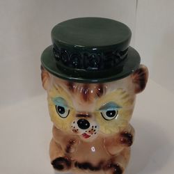 Vintage Cat In Green Hat 1960s 9" Cookie Jar