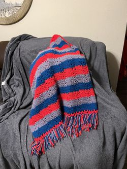 Beautiful Vintage Handmade Red, Blue, and Gray Crocheted Afghan Throw 67 x 44 in. 