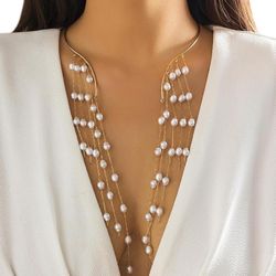 Tiered Pearl Chain Collar Chandelier Fringe Tassel Bead Choker Bib Body Necklace 