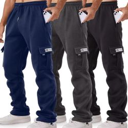 3 Pack Cargo Pants for Men Relaxed Fit Mens Joggers with Pockets,Fleece Hiking Tactical Workout Pants Casual（large）