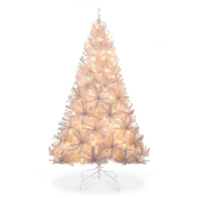 New 6ft Pre-Lit Hinged Artificial Pine Christmas Tree w/250 Lights, Stand, White