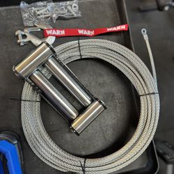Warn winch line, fairlead, and hook