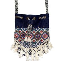 Blue and Coral Pattern Beaded Bucket Bag With Fringe. This exceptional piece reflects unique artistry, handcrafted with dedication over 2 to 3 days.