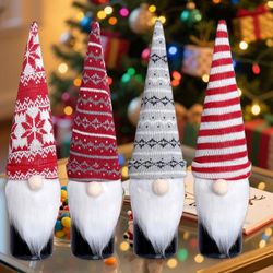 4 Pcs Christmas Wine Bottle Covers Reusable Knitted Gnomes Wine Bottle Toppers Xmas Party Handmade Tomte Swedish Gnomes Wine Decoration for Holiday Ne