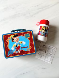 Vintage 1998 Walt Disneys "PINOCCHIO" THERMOS Metal Lunch BOX Complete w/ Manual