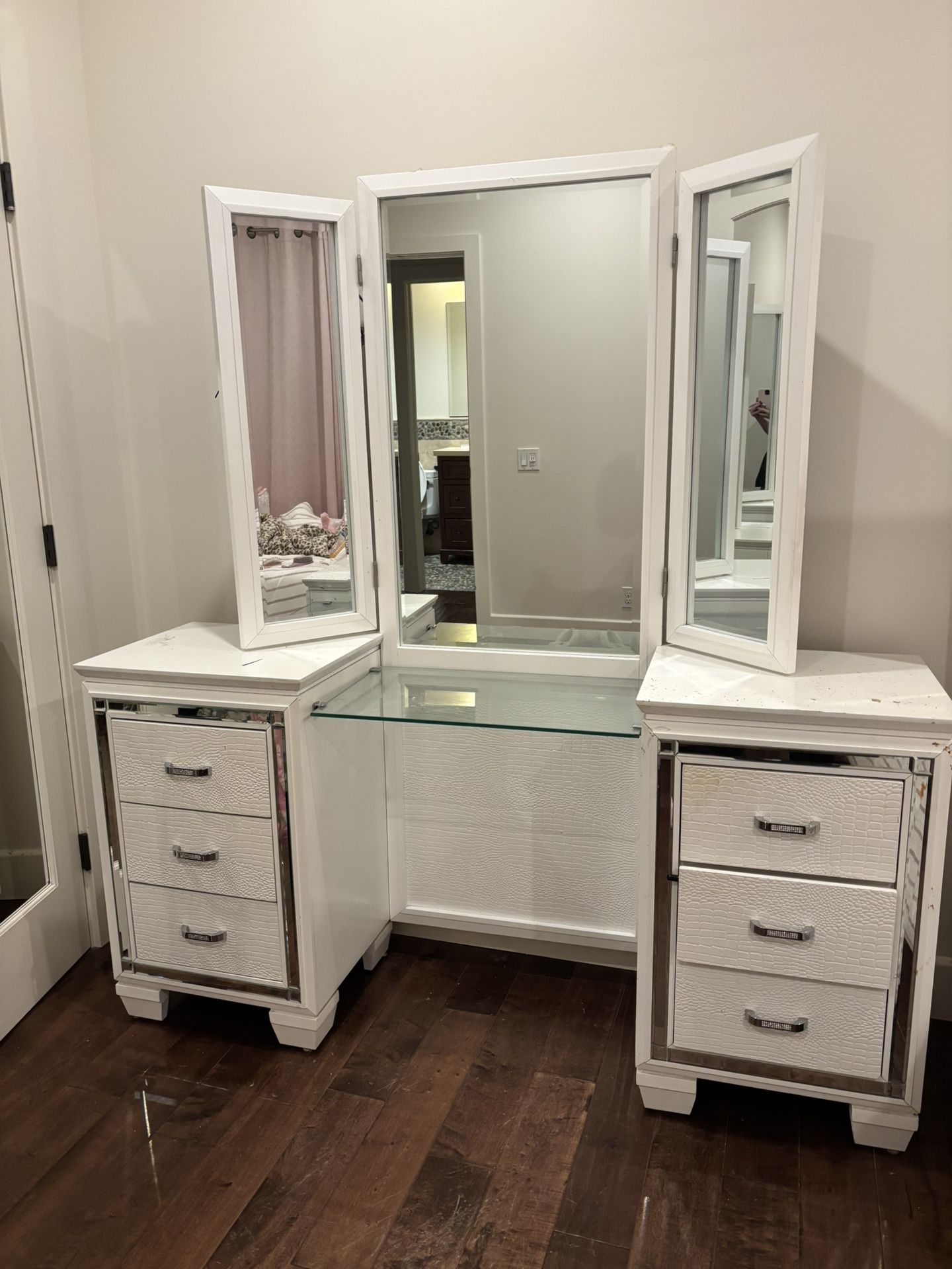 Vanity with mirrors, glass table, and rhinestones 